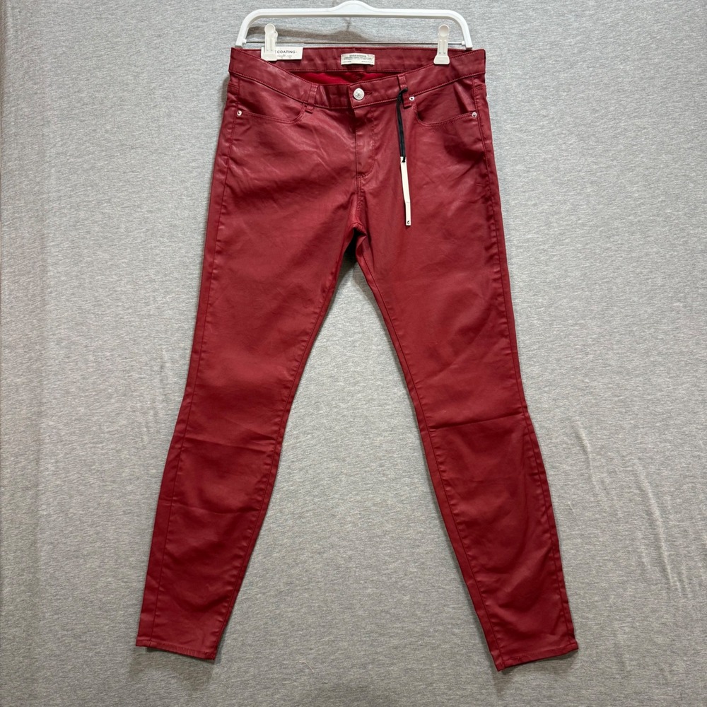 Zara Coated Skinny Pants Women Size 10 Red Premium Denim Collection The Coating